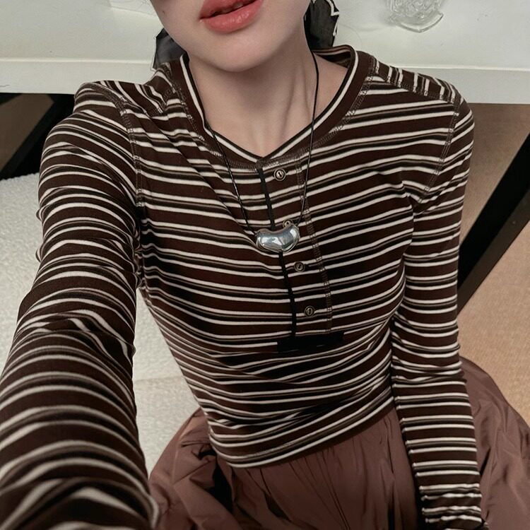 TOP家 温暖蓄能 法式复古高质亲肤磨毛条纹T恤+松紧腰大摆半身裙