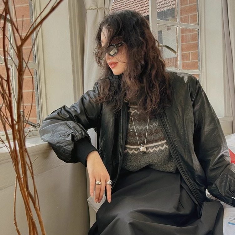 特TOP家 时髦率性 法式复古拉链短款夹克真皮皮衣外套