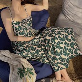 法式 TOP家 海岛假日 浪漫度假风热带印花三角花边收腰吊带连衣裙