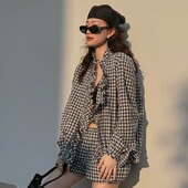 松紧腰短裤 TOP家 黑白格荷叶边立领宽松衬衫 复古慵懒色织经典 法式