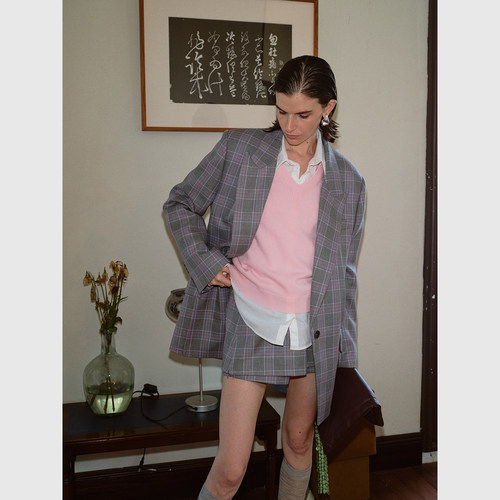 TOP家 时髦高智 法式复古学院风格纹羊毛混纺宽松西服+半身裙裤