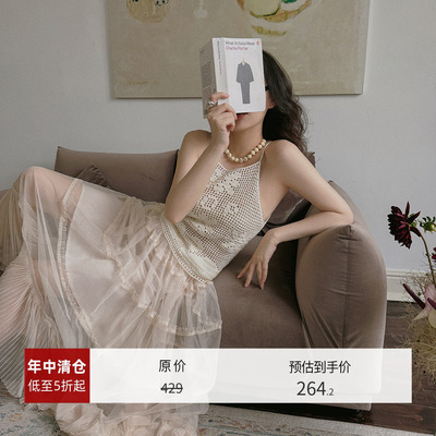 TOP家 浪漫精致 法式时髦复古纯棉纱线 手工钩织花朵镂空吊带上衣
