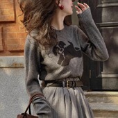 复古时髦格雷系抽象小狗荃羊毛圆领套头针织衫 法式 cutedog TOP家