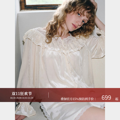 TOPCLOSET 曼妙贵气 法式复古浪漫主义 蕾丝拼接真丝丝绒米色衬衫