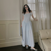 TOP家 天丝连衣裙夏 优雅浪漫低腰结浅蓝色吊带飞袖 慵懒无拘 法式
