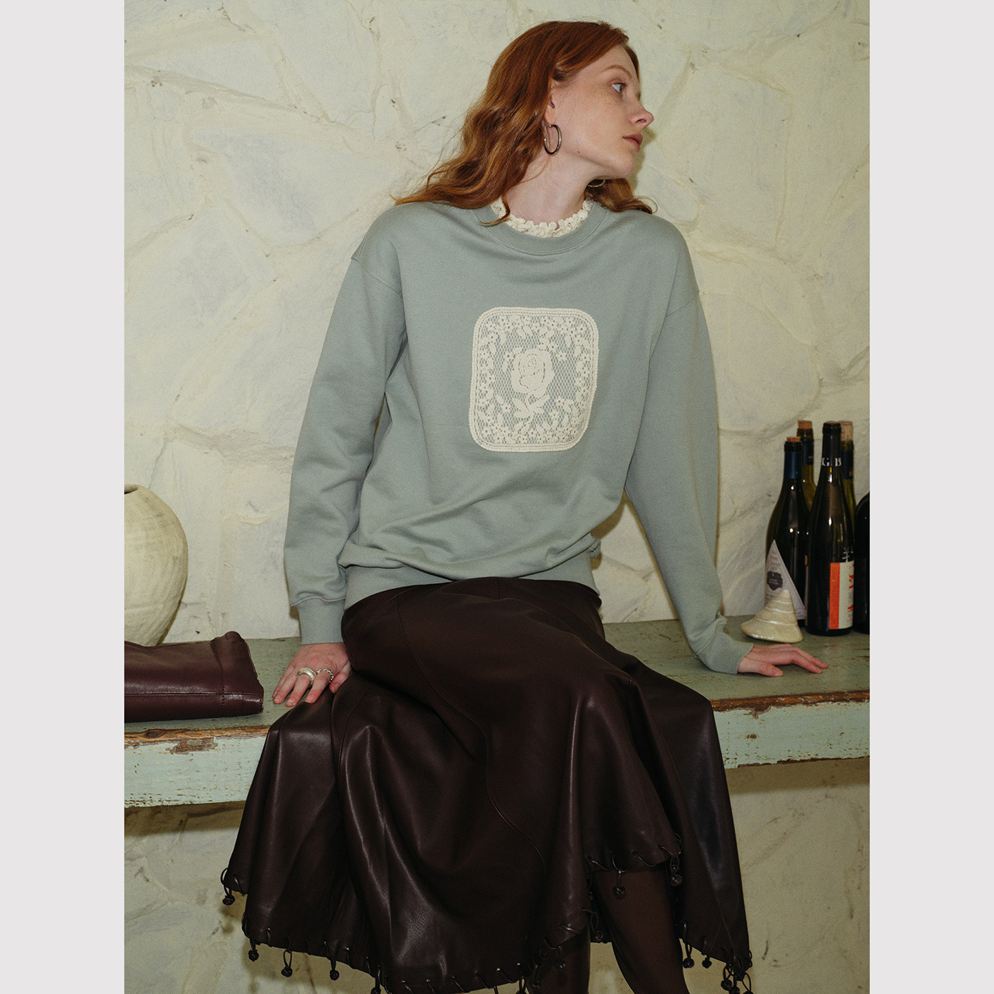 TOP家 玫瑰物语 法式浪漫 时髦休闲花边荷叶领毛圈底抓毛宽松卫衣