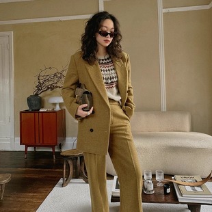 阔腿裤 TOP家 戗驳领双排扣混彩秋茶色100%羊毛西装 老钱风 女 法式