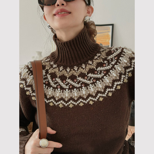TOP家 闪耀点睛 法式复古重磅手工钉珠 费尔岛微粗羊毛针织毛衣