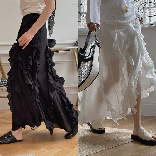 TOP家 层层叠叠 法式浪漫复古氛围感飘逸堆叠荷叶边松紧腰半身裙