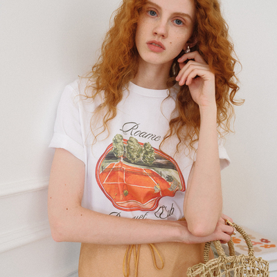 TOP家 马蒂斯橘调 法式复古夏日元气氛围感印花棉感针织短袖t恤