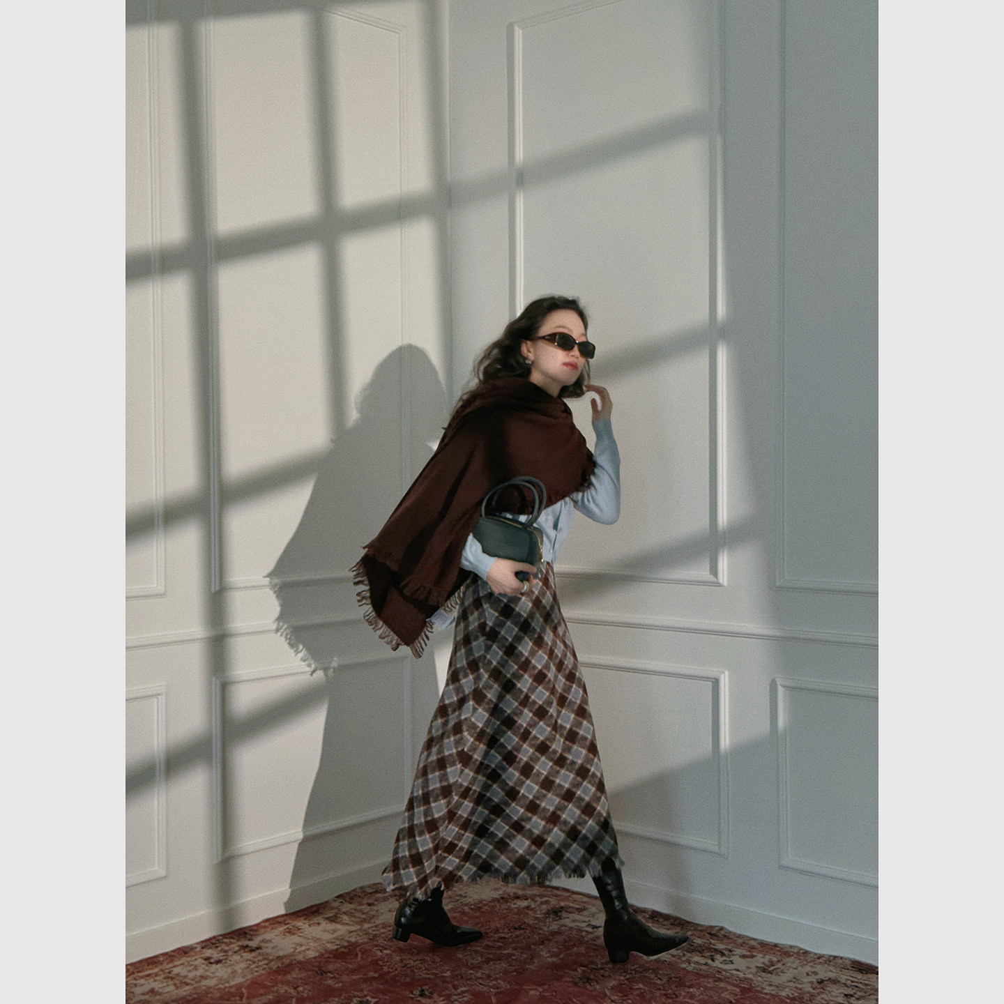 TOP家 从容优雅 法式复古简约真丝绵羊毛流苏针织斗篷披肩