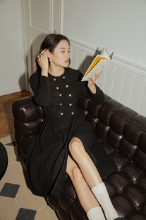 胸章外套女冬 复古香风粗花呢双排扣收腰羊毛连衣裙 TOP家 高涵养