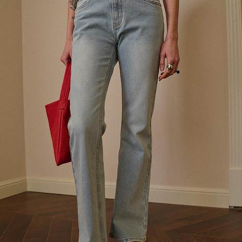 特TOP家 高级质感 法式复古修身显瘦腰头散边设计小喇叭牛仔长裤