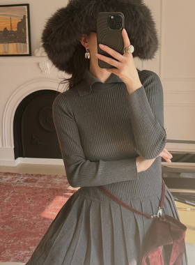 TOP家 法式复古学院风坑条羊毛混纺针织翻领长袖双层百褶连衣裙