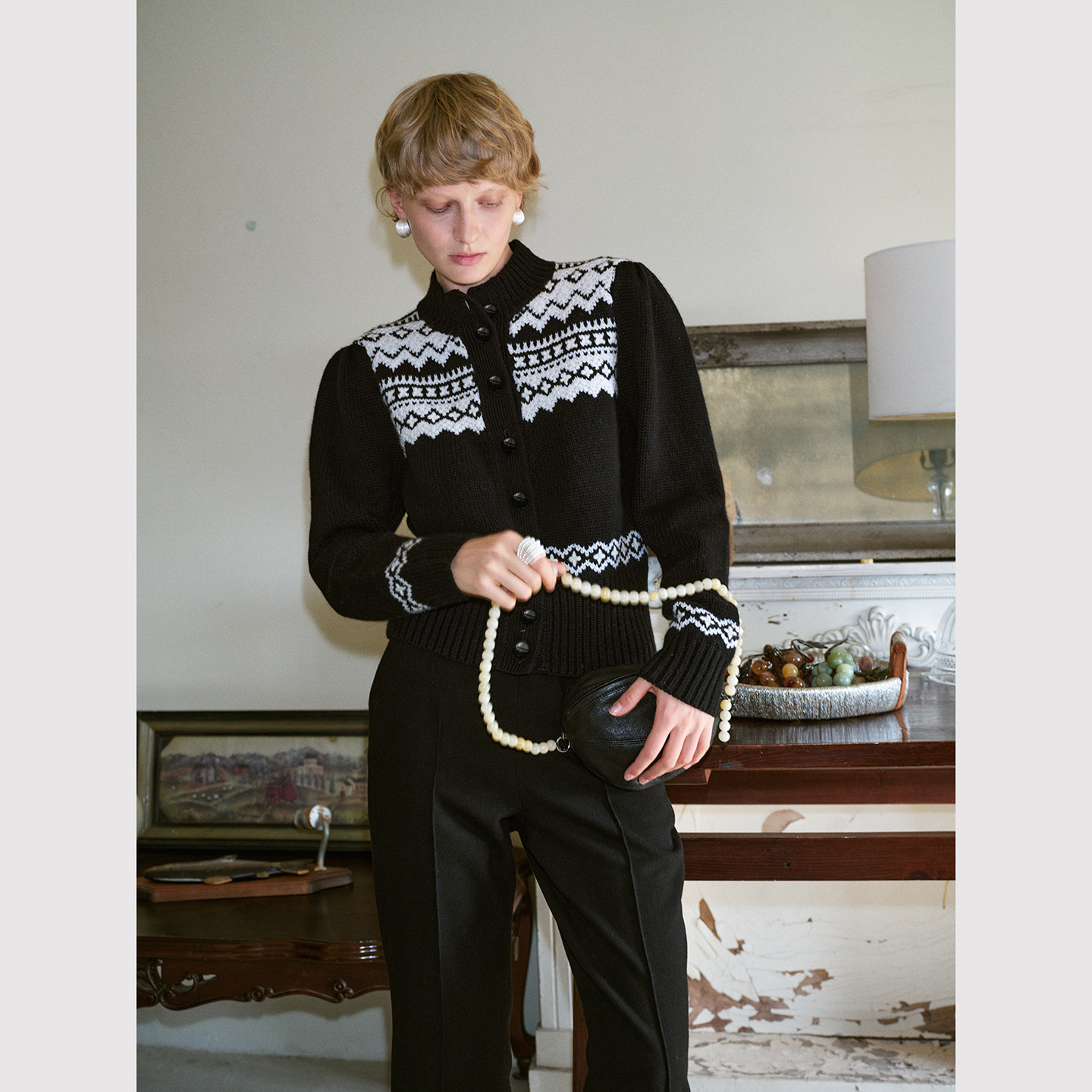 TOP家 冬日氛围  法式复古费尔岛提花 泡泡袖羊毛混纺针织开衫