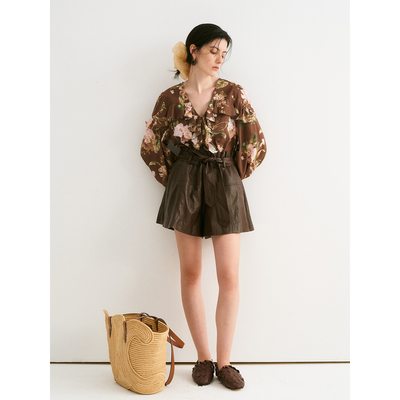 TOP家 浪漫复古 法式假日风 咖色花卉荷叶边V领宽松长袖纯棉衬衫