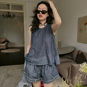 松紧高腰短裤 TOP家 女 复古静奢风棉麻牛仔无袖 背心 时髦松弛 法式