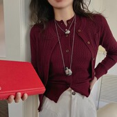 TOP家 马甲秋 复古高级感麻花细坑条圆针织羊毛开衫 时髦叠穿 法式