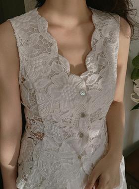 TOP家 优雅绽放 法式小众设计复古重工白色镂空绣花绳绣收腰马甲