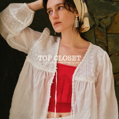 TOP家 法式浪漫慵懒感 蕾丝拼接v领系带纯苎麻泡泡袖宽松衬衫夏