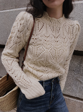 TOP家 甜俏设计 法式复古小众羊毛镂空钩花泡泡袖花边领毛衣秋冬