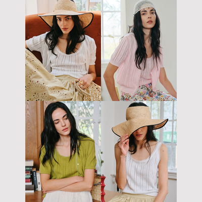 TOP家点亮春日 法式明媚复古 花织条纹镂空蕾丝针织吊带/短袖开衫