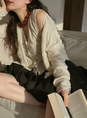 TOP家 繁花细缕 法式复古精致纯手工立体勾花羊毛针织背心+开衫