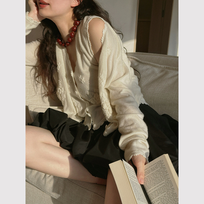 TOP家 繁花细缕 法式复古精致纯手工立体勾花羊毛针织背心+开衫