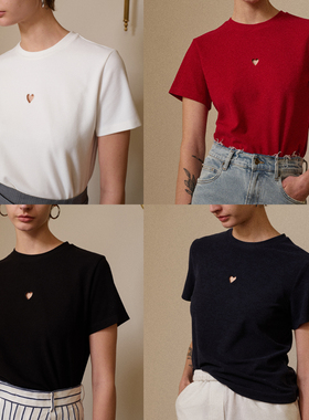 TOP家 my heart 法式复古超柔磨毛针织镂空小爱心绣花圆领短袖t恤