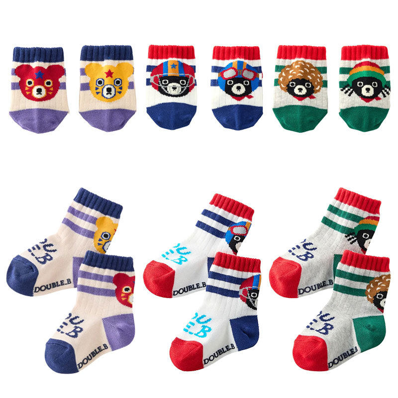 男女儿童卡通可爱袜子黑熊字母提花拼色中筒袜宝宝短筒袜
