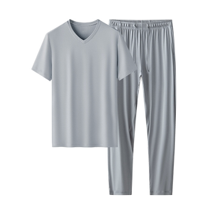 60S莫代尔睡衣男士夏季薄款短袖长裤夏天冰丝男生V领家居服套装