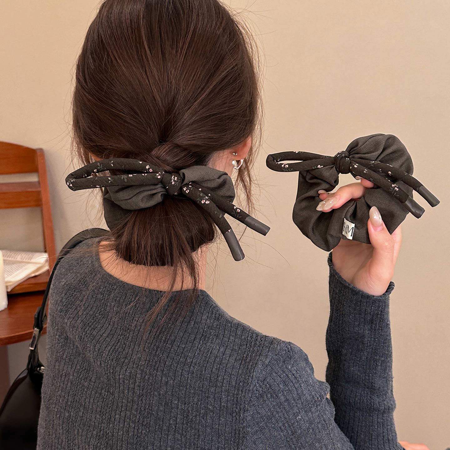 复古咖色碎花蝴蝶结大肠发圈女高级感花苞头头绳韩版女丸子头皮筋