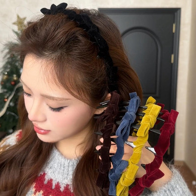 复古丝绒蝴蝶结带齿发箍高颅顶