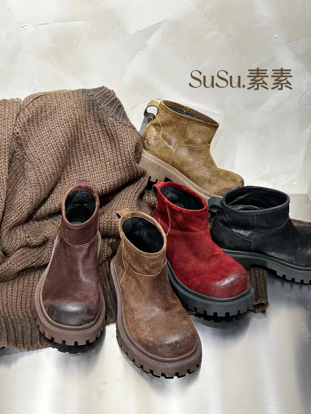 素素欧货女单鞋24秋冬新款牛皮马丁靴一脚蹬短靴做旧米奇头小皮鞋