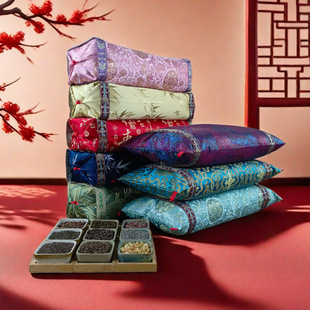 锦缎成人颈椎枕头艾草方枕中式宫廷学生单人枕头蚕沙花草枕套枕芯