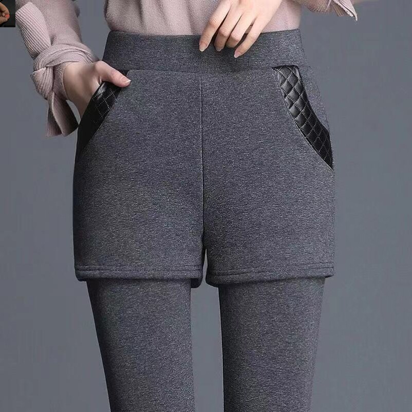 蓝斯优选假两件打底裤女外穿秋冬加绒加厚一体高腰短裤纯棉女裤