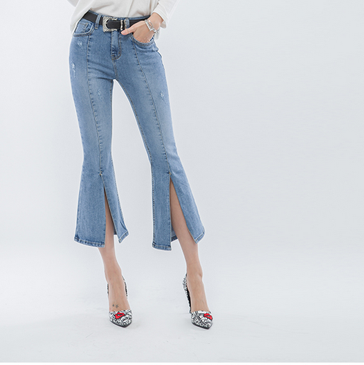 韩国代购 7分阔脚裤高腰弹力开叉微喇牛仔裤女破洞喇叭裤七分裤