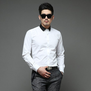 商务绅士气质修身 男士 长袖 衬衣 韩国编织皮拼接领子特色 衬衫 韩版