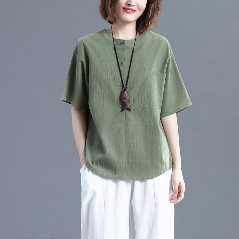 棉麻女装短袖款夏季文艺大码宽松显瘦纯色休闲百搭纯棉衬衫上衣女