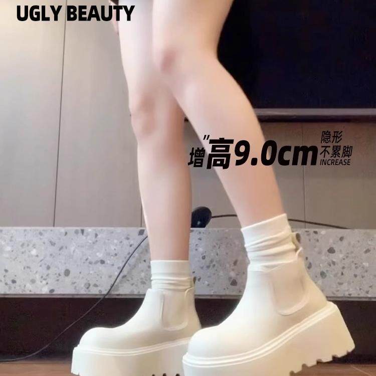 欧洲站松糕厚底内增高真皮雪地靴女2024新款超火冬加绒切尔西短靴