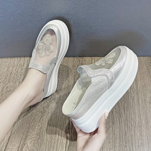 水钻网面半拖鞋女内增高9cm新款