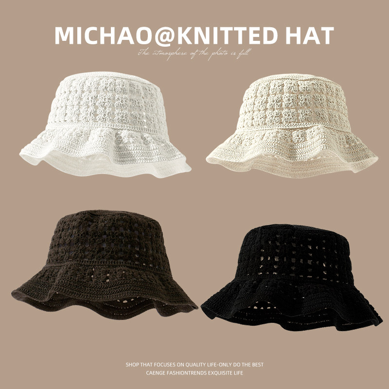 手工镂空针织渔夫帽子女2024新款夏季薄款透气显脸小钩花水桶盆帽