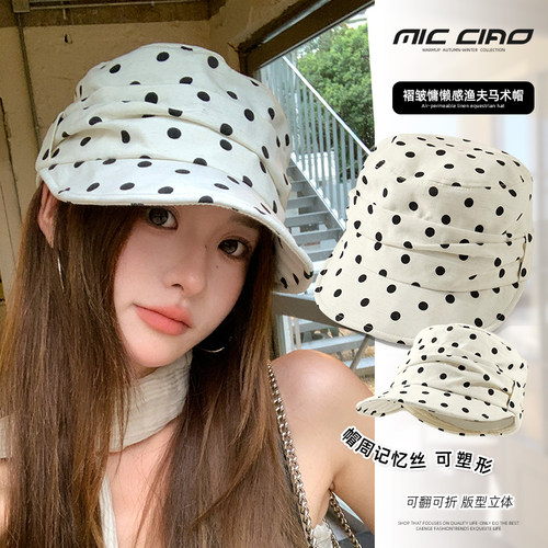 复古波点褶皱马术帽女显脸小帽子