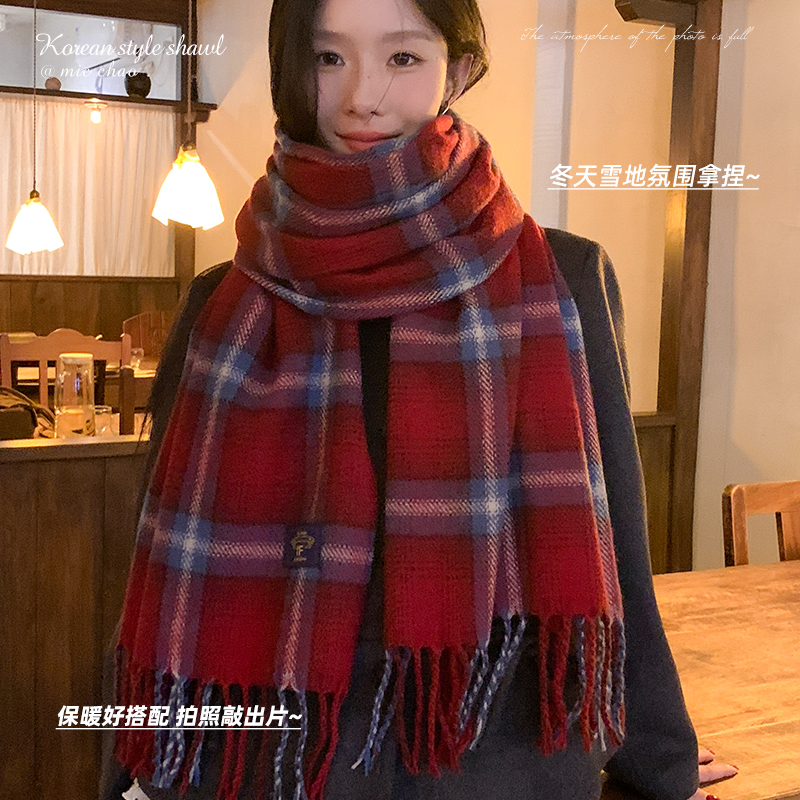 韩系红色格子针织流苏围巾女冬季长款加厚保暖防寒氛围感围脖披肩
