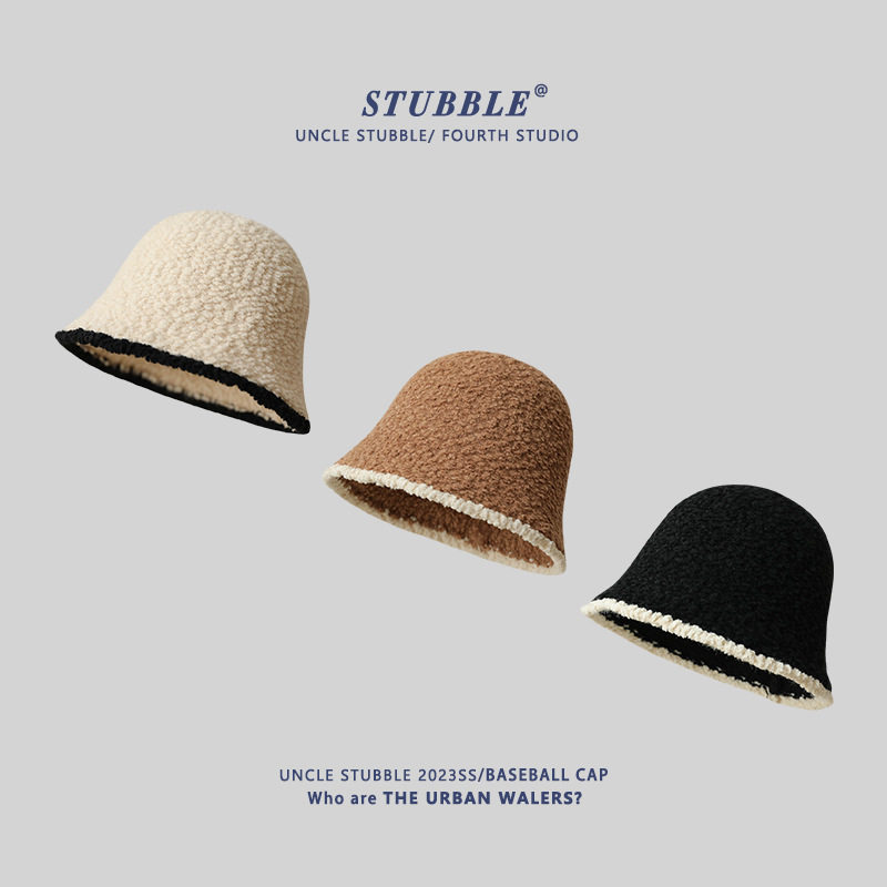 爆款羊羔卷拼色盆帽女生气质百搭感台灯帽保暖高品质渔夫帽潮