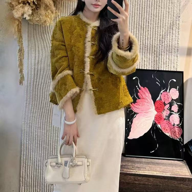 新中式国风漳绒提花拼接水貂毛设计感加厚棉衣2025新款古国潮外套