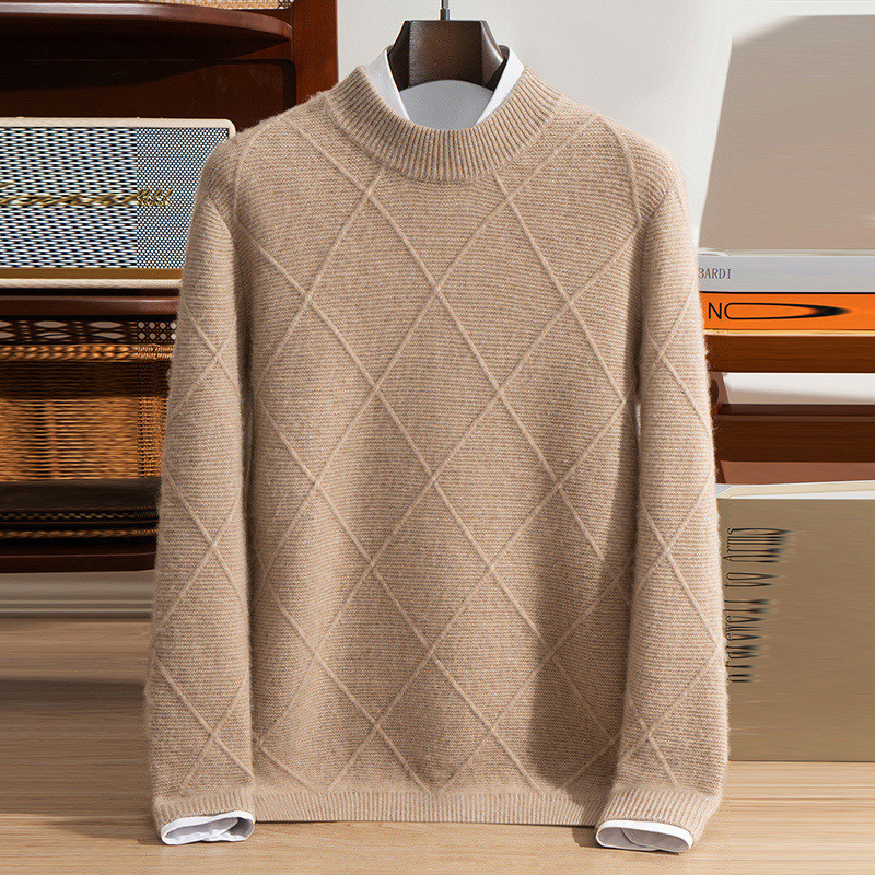 冬季双股加厚羊绒衫男半高领毛衣套头宽松菱形纯色羊毛针织打底衫