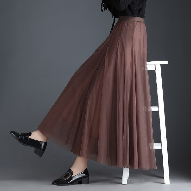 半身裙2022新款秋冬高腰两面穿蕾丝网纱裙女垂感百褶裙中长仙女裙