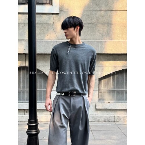 针织衫t恤男老钱风斜纽扣设计