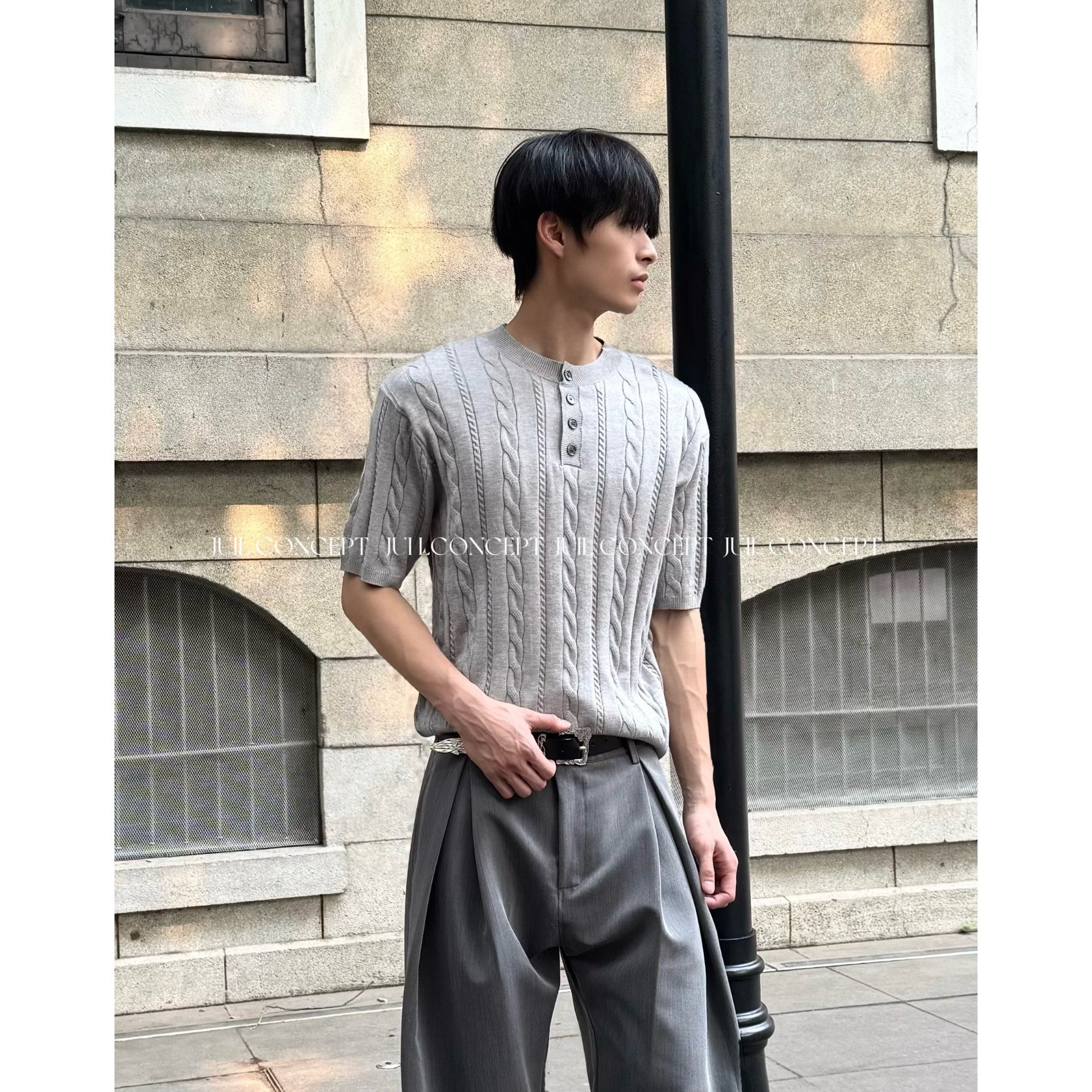 绞花设计亨利领老钱风短袖针织衫